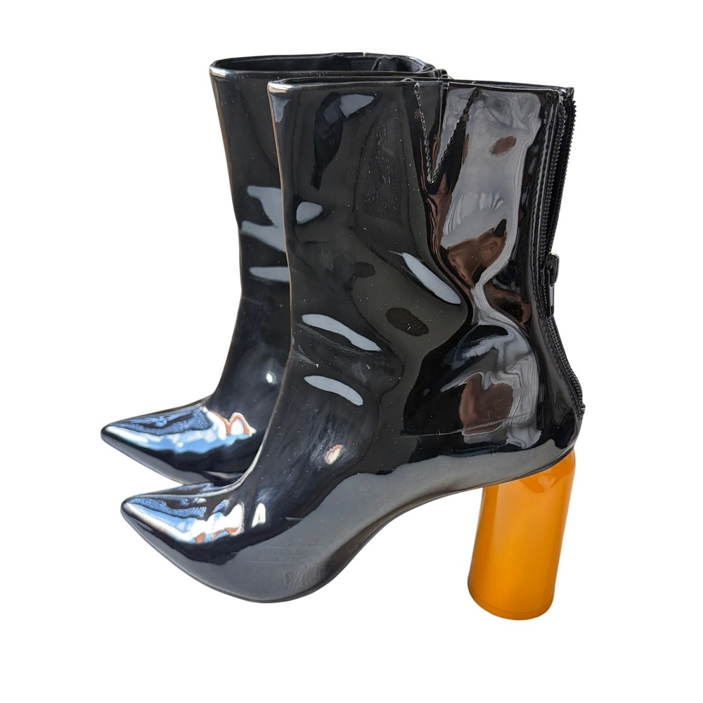 Jeffrey Campbell Black Patent Ankle Boots Yellow Block Heel Pointed Toe Size 9M